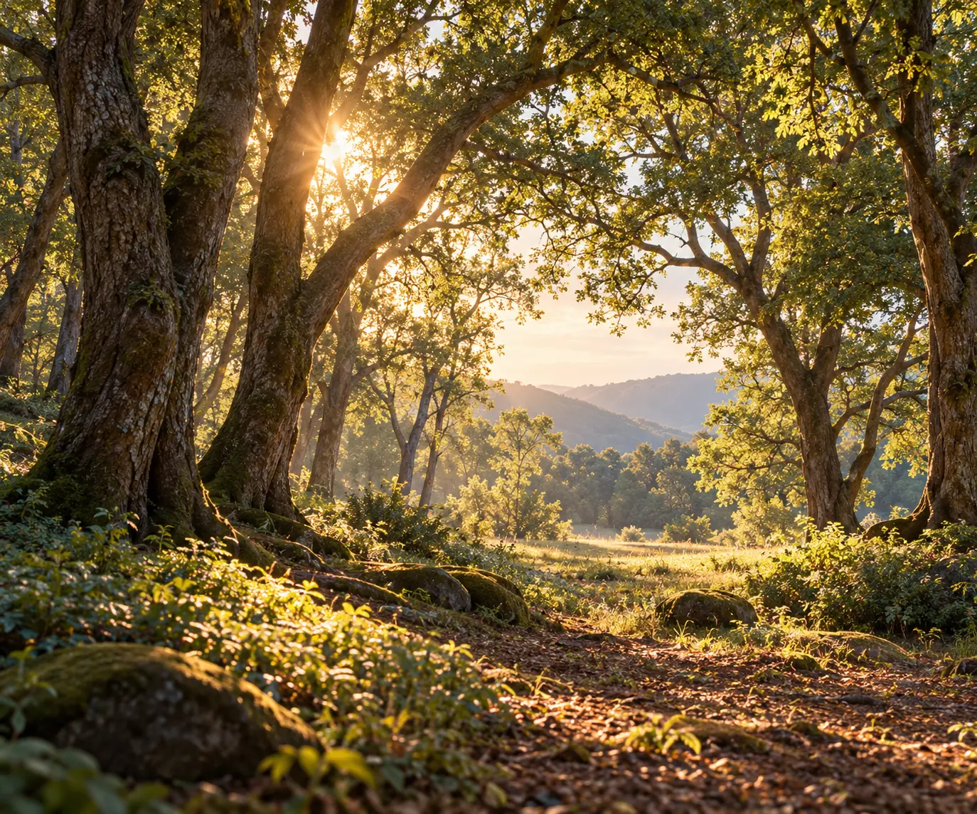 Sunlight streams through tall, sheltering trees onto an open woodland clearing that leads toward distant hills.
