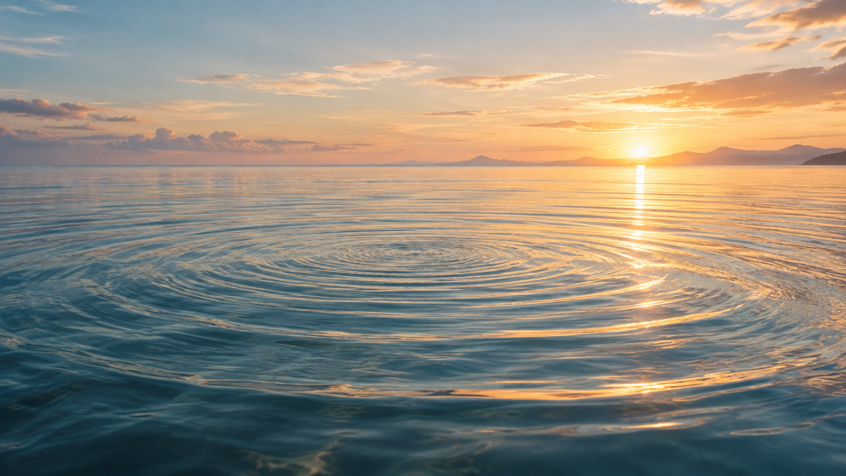 Expanding ripples across a calm ocean at sunset, symbolizing the progression from personal healing to working with others.
