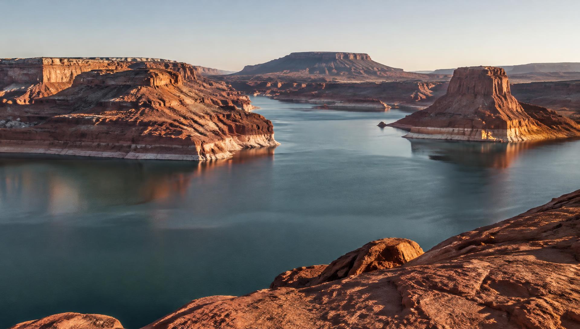 Calm blue-green water winding between warm sandstone canyon walls in soft golden light.