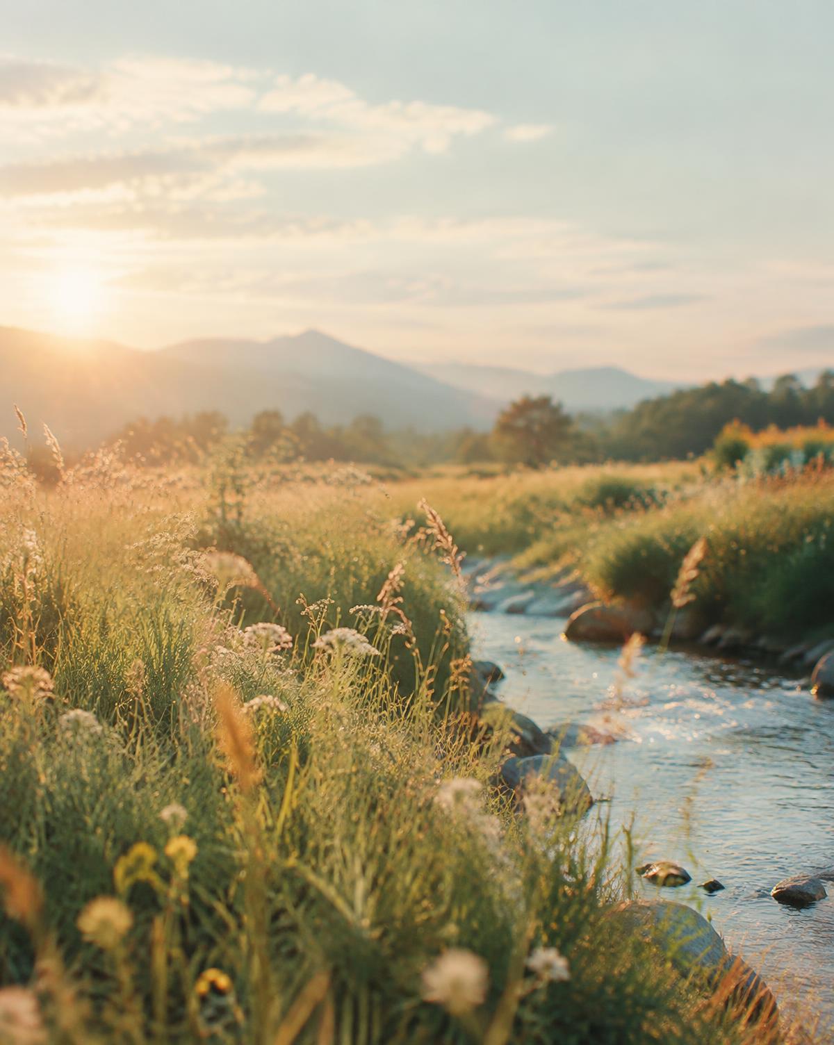 A sunlit meadow of wild grasses beside a gentle stream at golden hour.